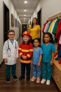 Children in community helper costumes at an ABA clinic hallway.