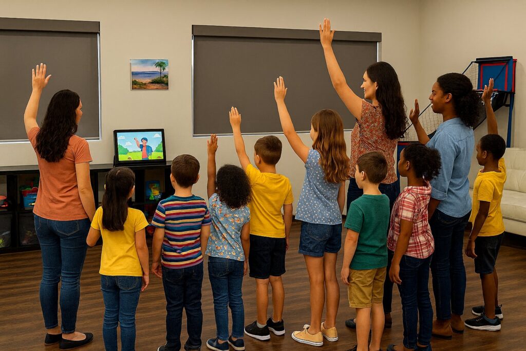 ABA Clinic Multipurpose Room Group Activity – Las Vegas Group of children and therapists raising hands in the multipurpose room.