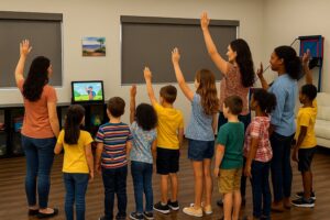 Group of children and therapists raising hands in the multipurpose room.