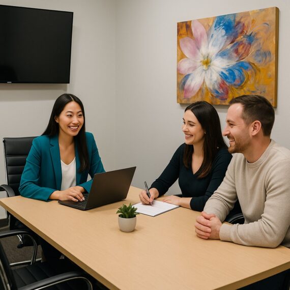 ABA parent training meeting with therapist and parents in a conference room.