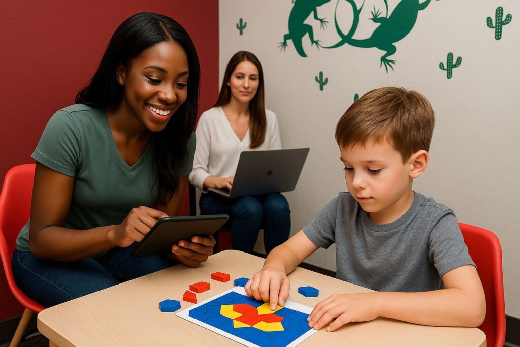Gecko Therapy Room ABA Session – Las Vegas Therapist and child working on a puzzle activity in the Gecko therapy room.