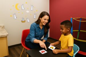 ABA therapist using matching picture cards with a child in the Rabbit therapy room.
