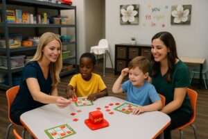 ABA therapists playing a social skills board game with children in a therapy room.