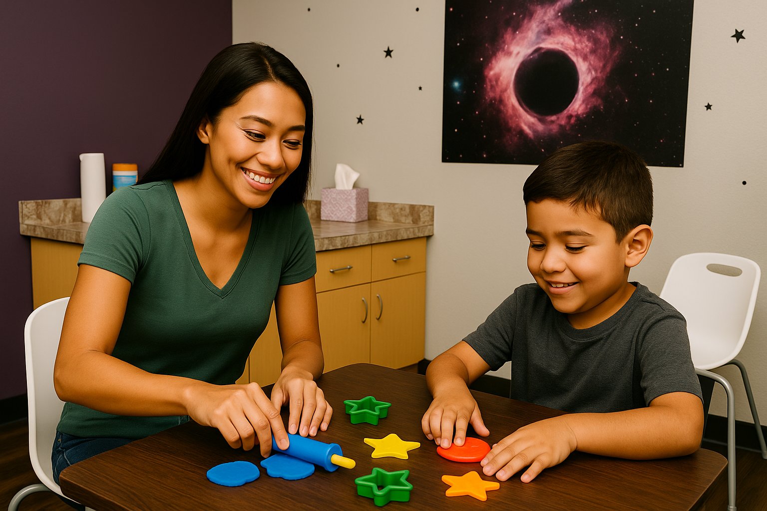 Young Hispanic boy and Asian woman collaborating on playdough activity in Black Hole therapy room