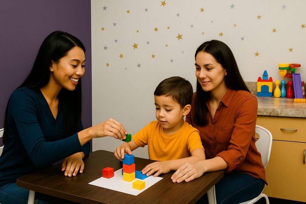 Parent training demonstration with caregiver and child in Stars therapy room